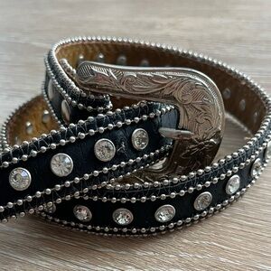 Girls Rhinestone Western Belt 28" Black Leather Removable Buckle 1" Wide‎